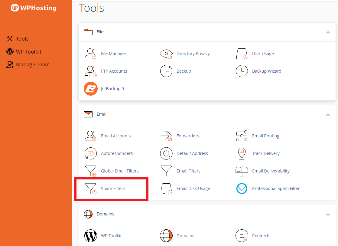 Spam filtering for cPanel: click 'Spam Filters' tool to start managing your email spam