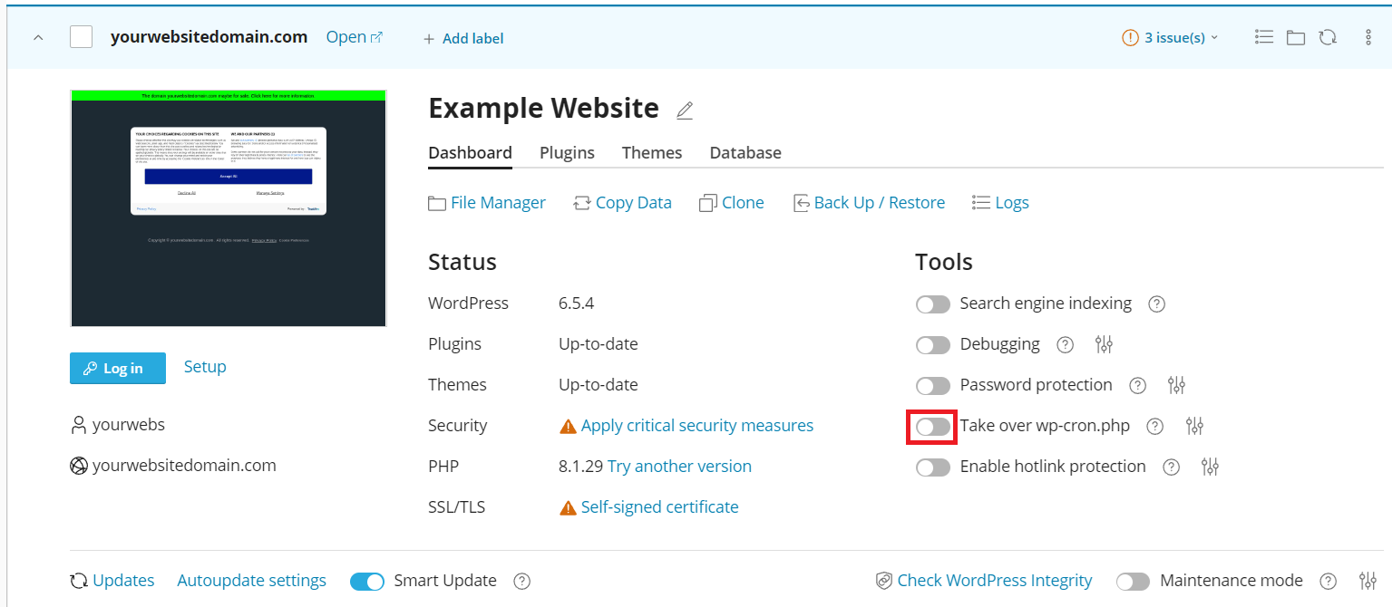 disable WP cron: click take over wp-cron.php