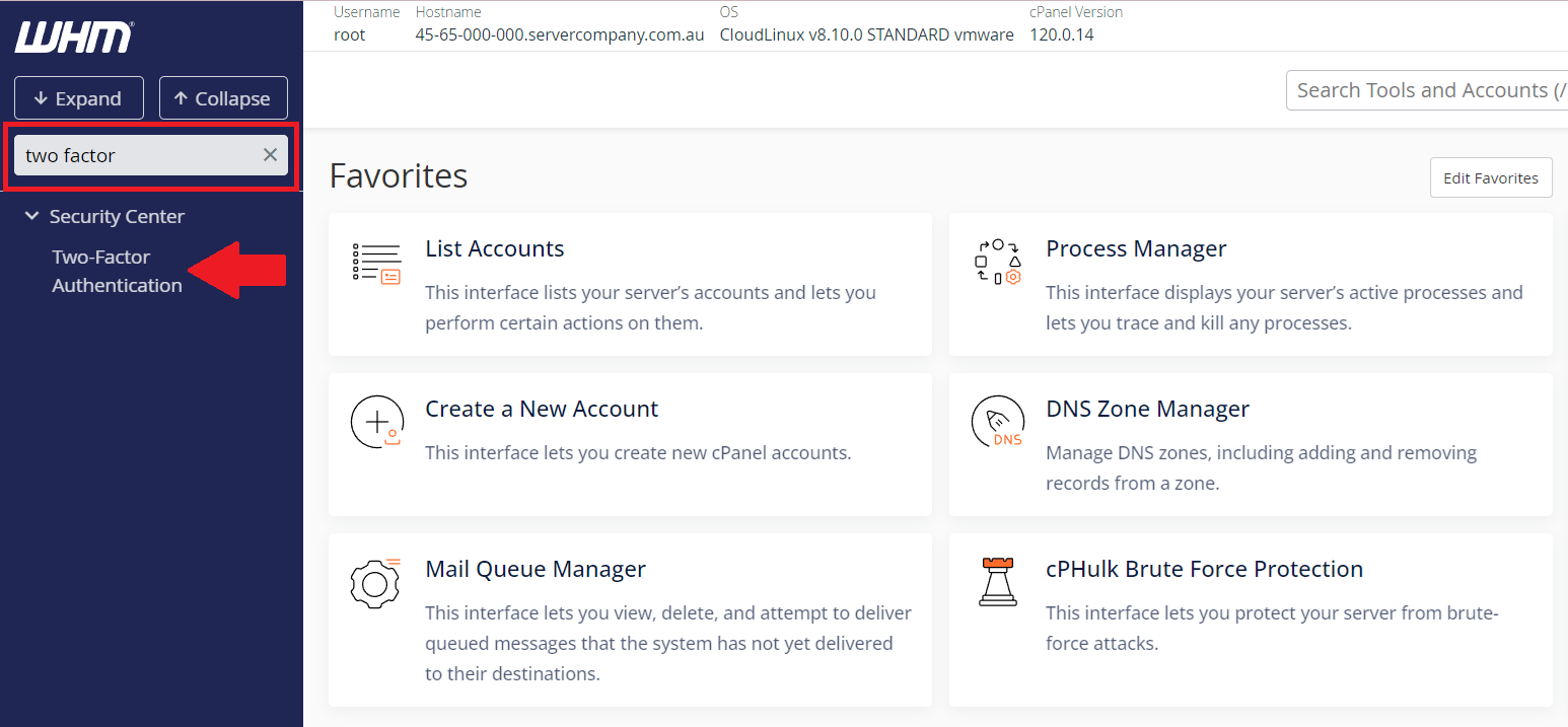 click the 'two factor authentication' menu to start to enable MFA or 2FA on WHM/cPanel