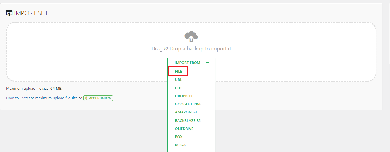 clone a wordpress site: import using a file upload