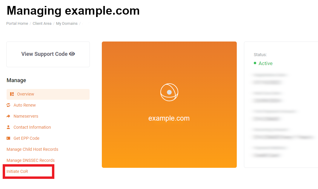 Initiate COR button in the domain actions list