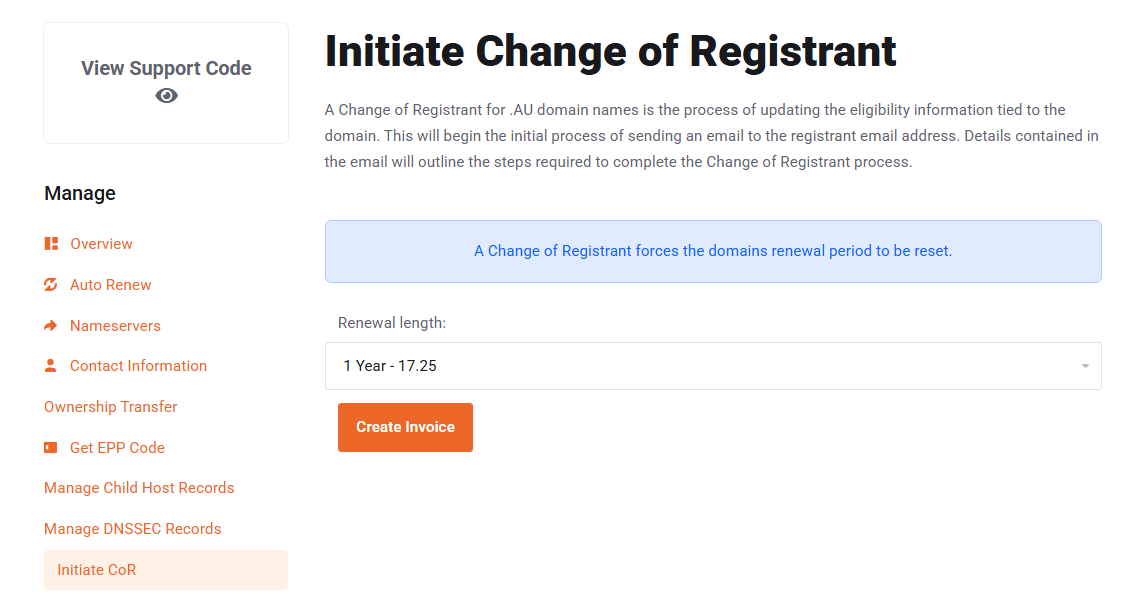 Choose renewal period and create COR invoice