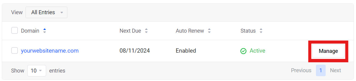 Click Manage next to your domain