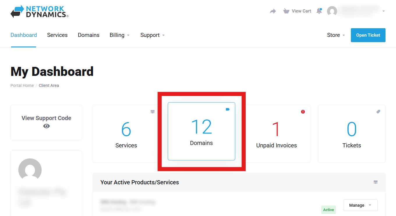 Select Domains in the Client Area
